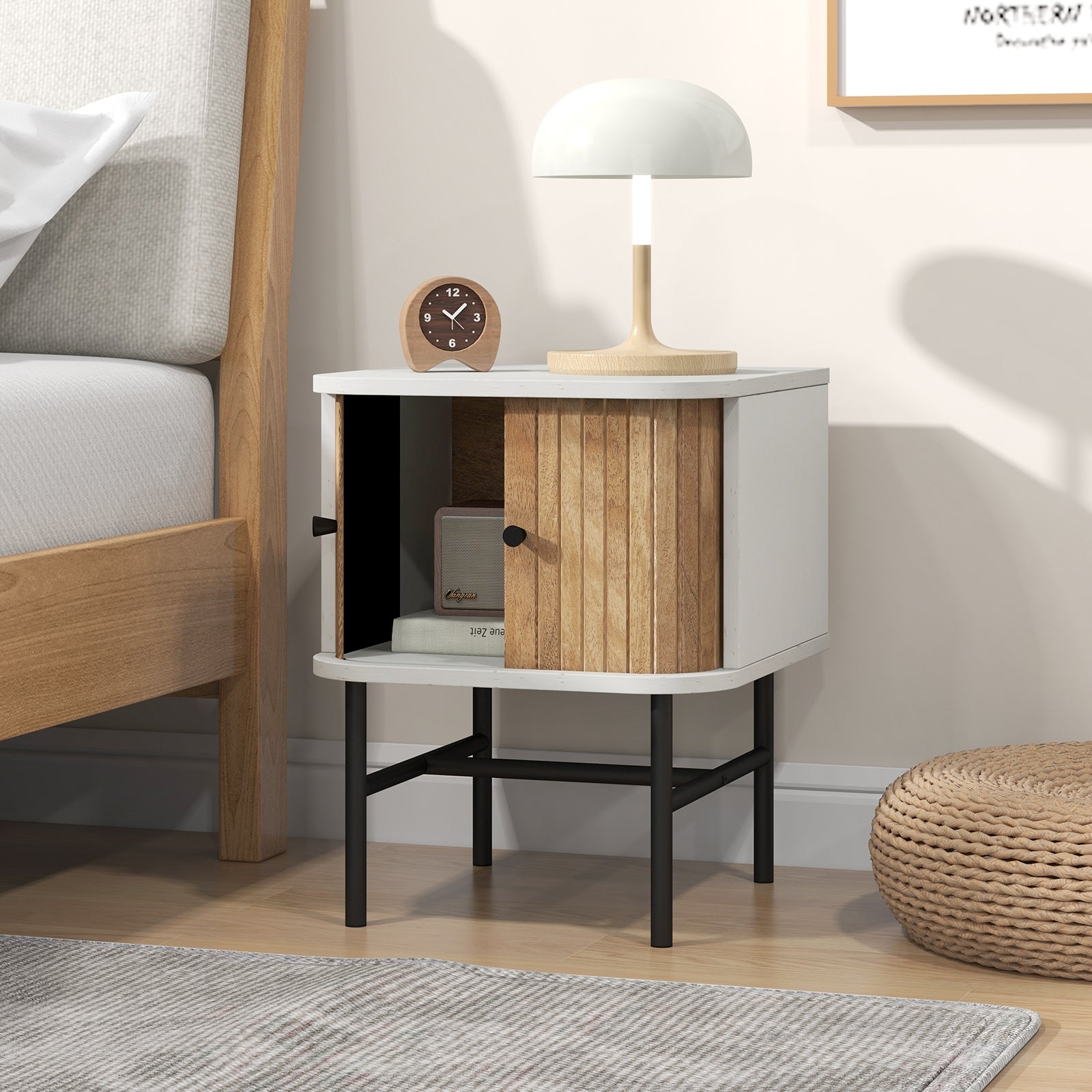 Mid-Century Modern Nightstand With Sliding Doors, Storage Cabinet, White Nightstands at Gallery Canada