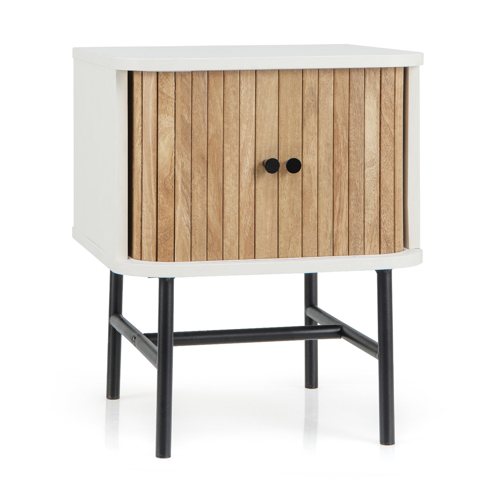 Mid-Century Modern Nightstand With Sliding Doors, Storage Cabinet, White Nightstands at Gallery Canada