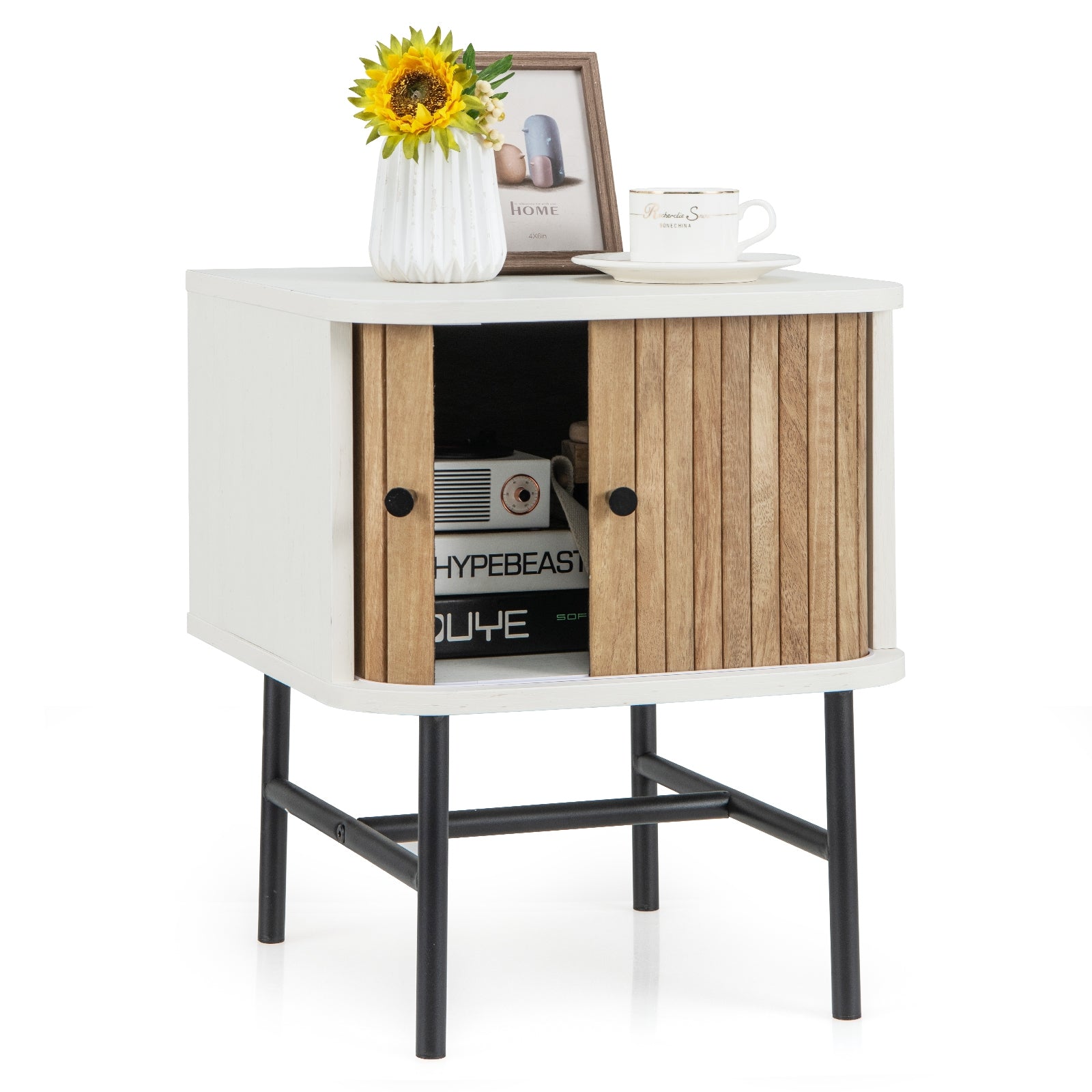 Mid-Century Modern Nightstand With Sliding Doors, Storage Cabinet, White Nightstands at Gallery Canada