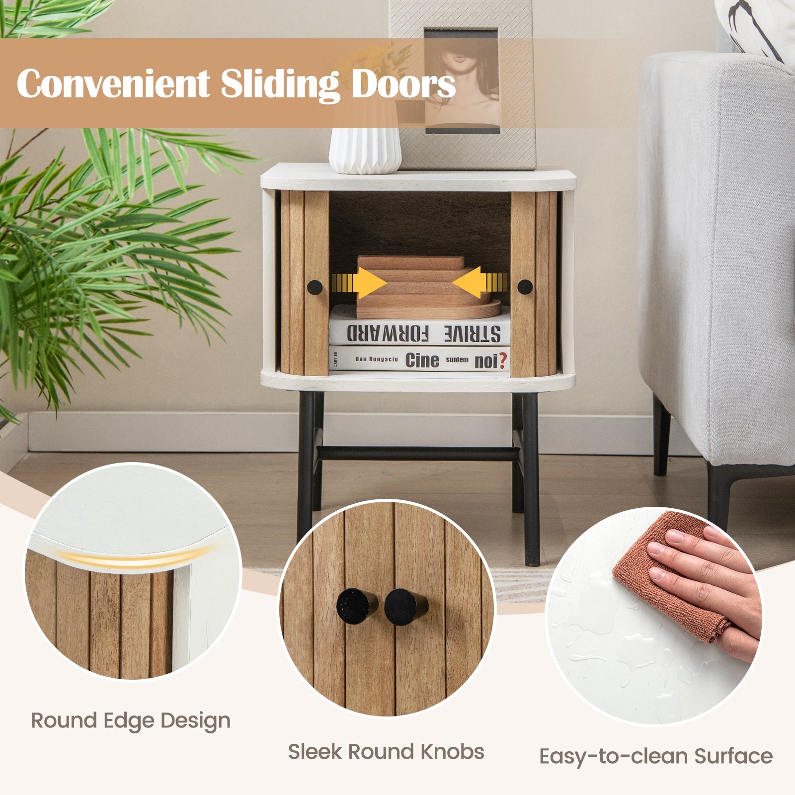 Mid-Century Modern Nightstand With Sliding Doors, Storage Cabinet, White Nightstands at Gallery Canada