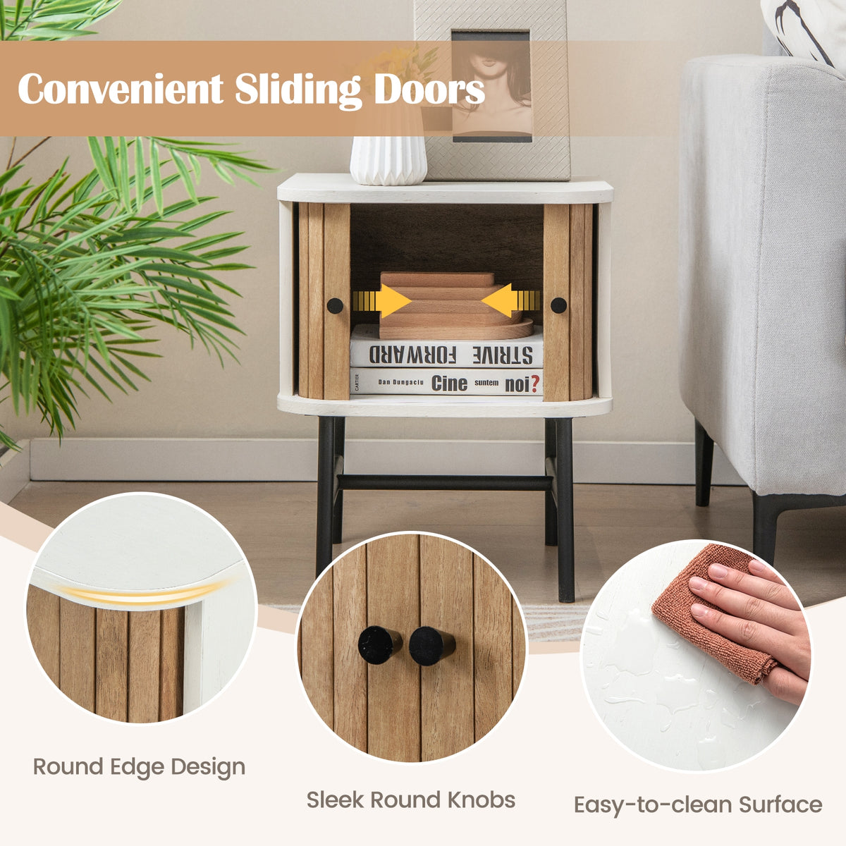 Mid-Century Modern Nightstand With Sliding Doors, Storage Cabinet, White Nightstands at Gallery Canada