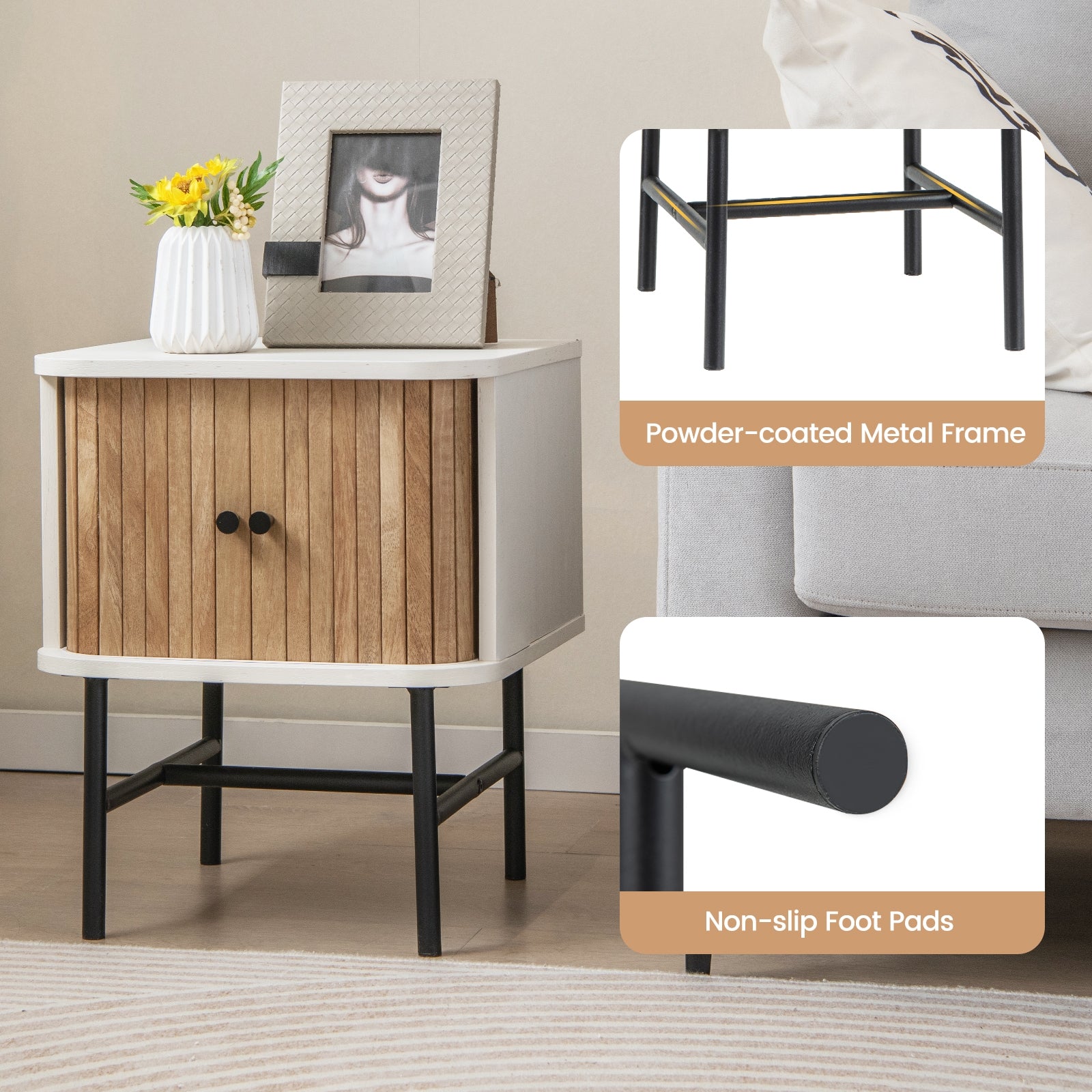 Mid-Century Modern Nightstand With Sliding Doors, Storage Cabinet, White Nightstands at Gallery Canada