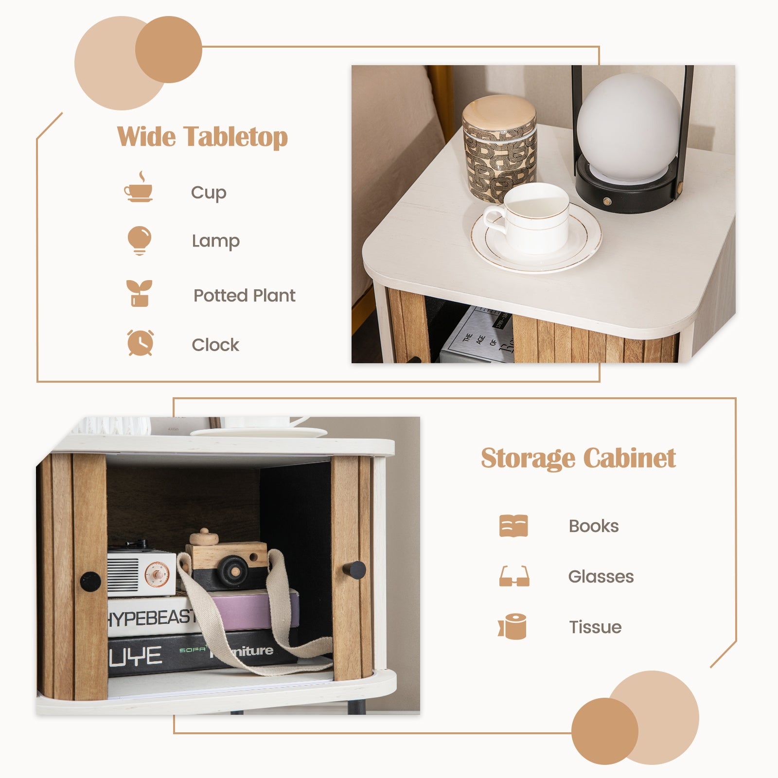 Mid-Century Modern Nightstand With Sliding Doors, Storage Cabinet, White Nightstands at Gallery Canada