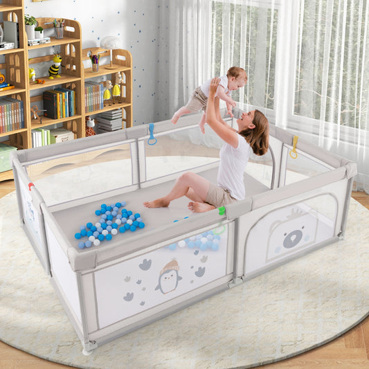 Large Baby Playpen With Pull Rings, Ocean Balls, Penguin Pattern, Gray Baby Playpen & Playards Gray at Gallery Canada