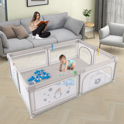 Large Baby Playpen With Pull Rings, Ocean Balls, Penguin Pattern, Gray Baby Playpen & Playards at Gallery Canada
