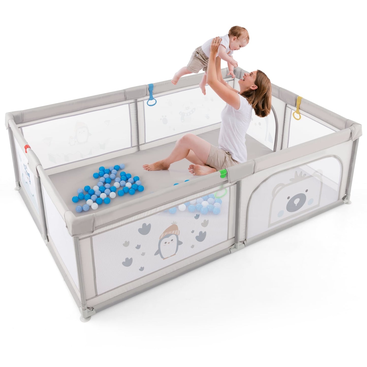Large Baby Playpen With Pull Rings, Ocean Balls, Penguin Pattern, Gray Baby Playpen & Playards Gray at Gallery Canada