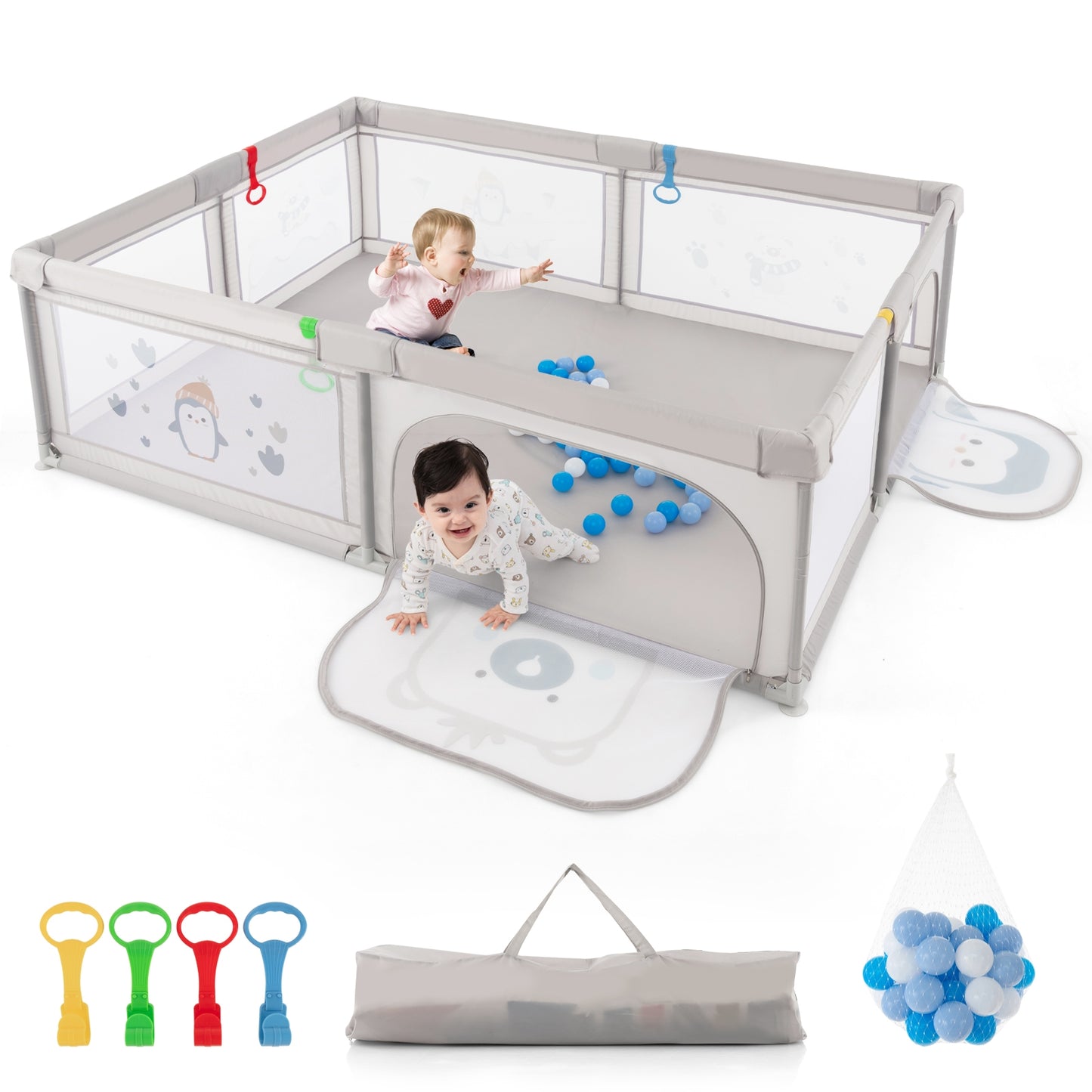 Large Baby Playpen With Pull Rings, Ocean Balls, Penguin Pattern, Gray Baby Playpen & Playards at Gallery Canada