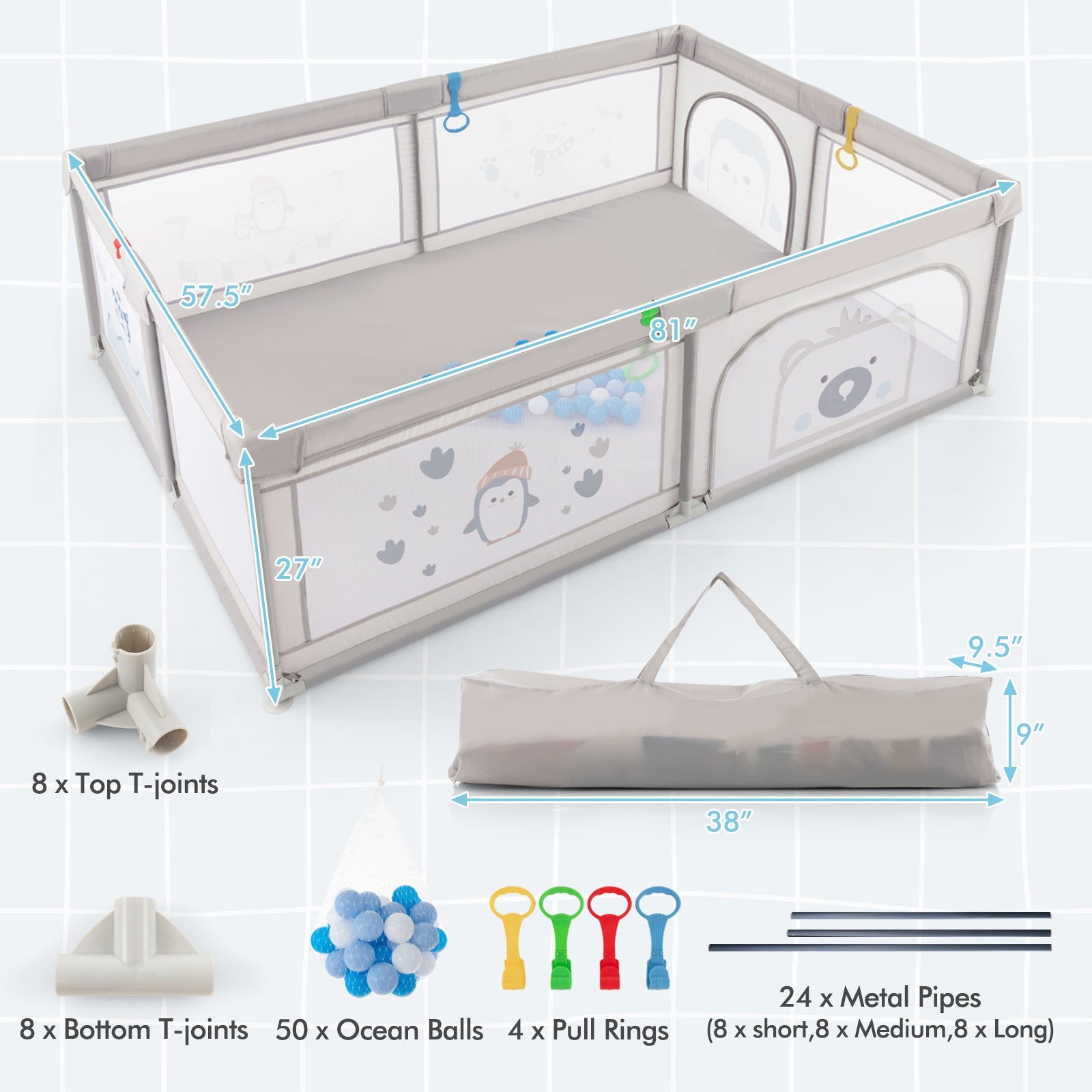 Large Baby Playpen With Pull Rings, Ocean Balls, Penguin Pattern, Gray Baby Playpen & Playards at Gallery Canada