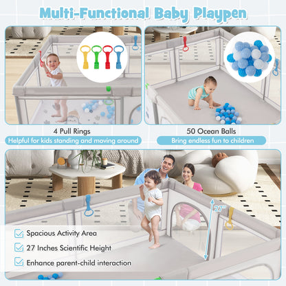 Large Baby Playpen With Pull Rings, Ocean Balls, Penguin Pattern, Gray Baby Playpen & Playards at Gallery Canada