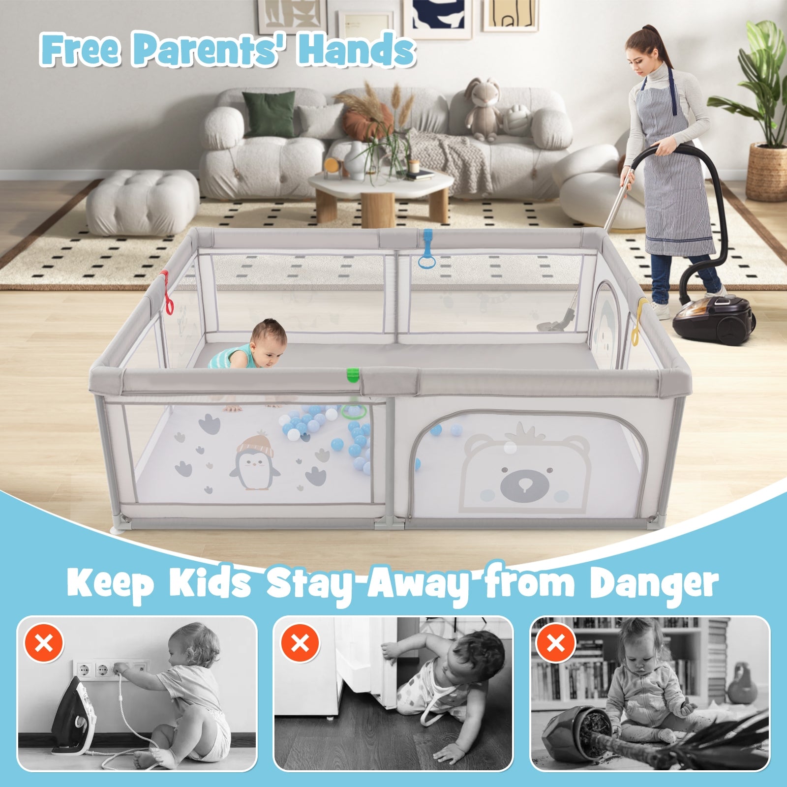 Large Baby Playpen With Pull Rings, Ocean Balls, Penguin Pattern, Gray Baby Playpen & Playards at Gallery Canada