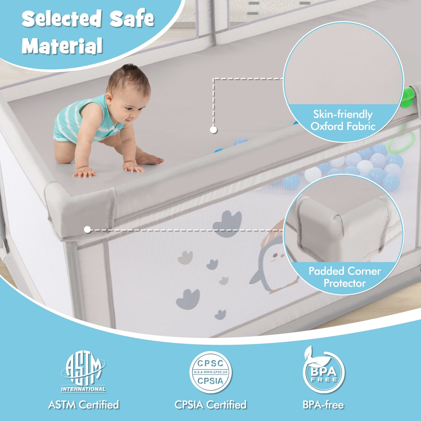 Large Baby Playpen With Pull Rings, Ocean Balls, Penguin Pattern, Gray Baby Playpen & Playards at Gallery Canada