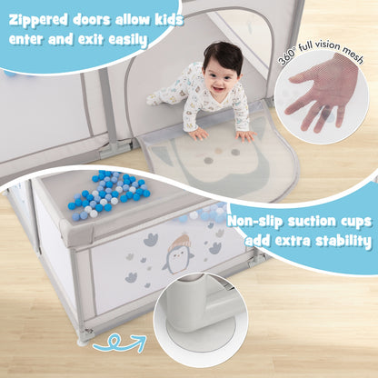 Large Baby Playpen With Pull Rings, Ocean Balls, Penguin Pattern, Gray Baby Playpen & Playards at Gallery Canada