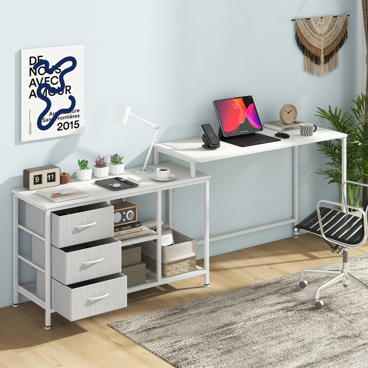 L-Shaped Computer Desk With Power Outlet, White L-Shaped Desks at Gallery Canada