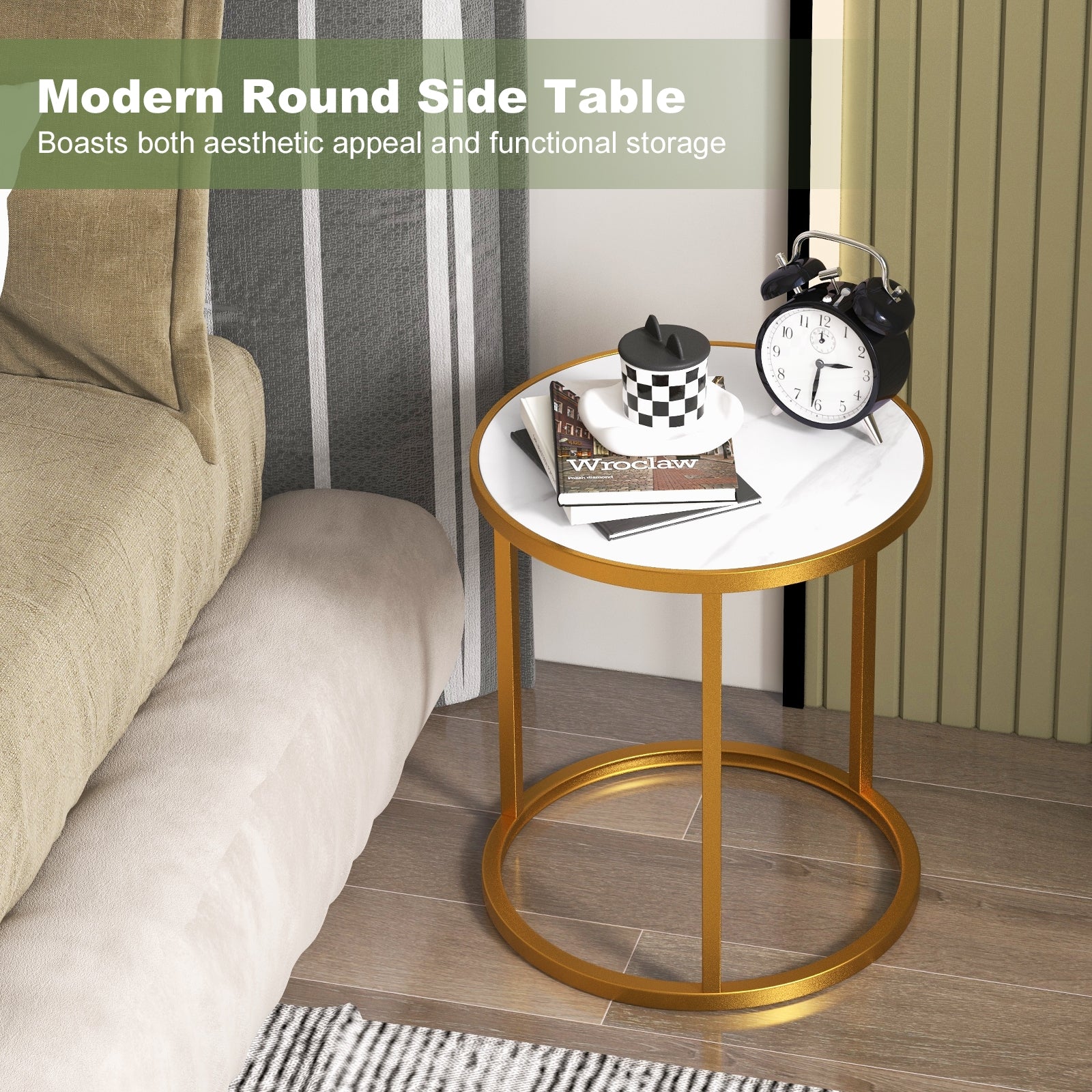 Marble Top Round Side Table, 16-Inch, Golden Metal Frame, 2 Pieces End & Side Tables at Gallery Canada