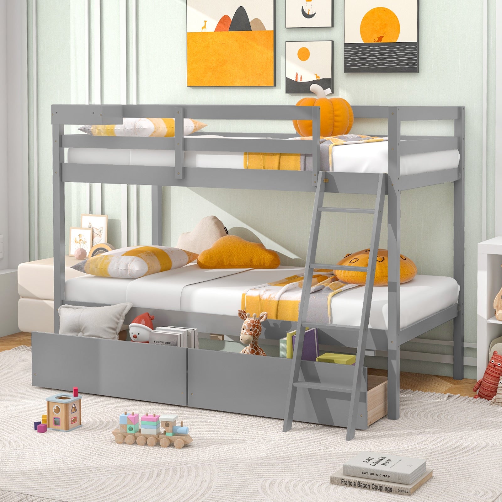 Twin Over Twin Bunk Bed, Wood Frame, 2 Storage Drawers, Ladder, Gray Bunk Bed Frame at Gallery Canada
