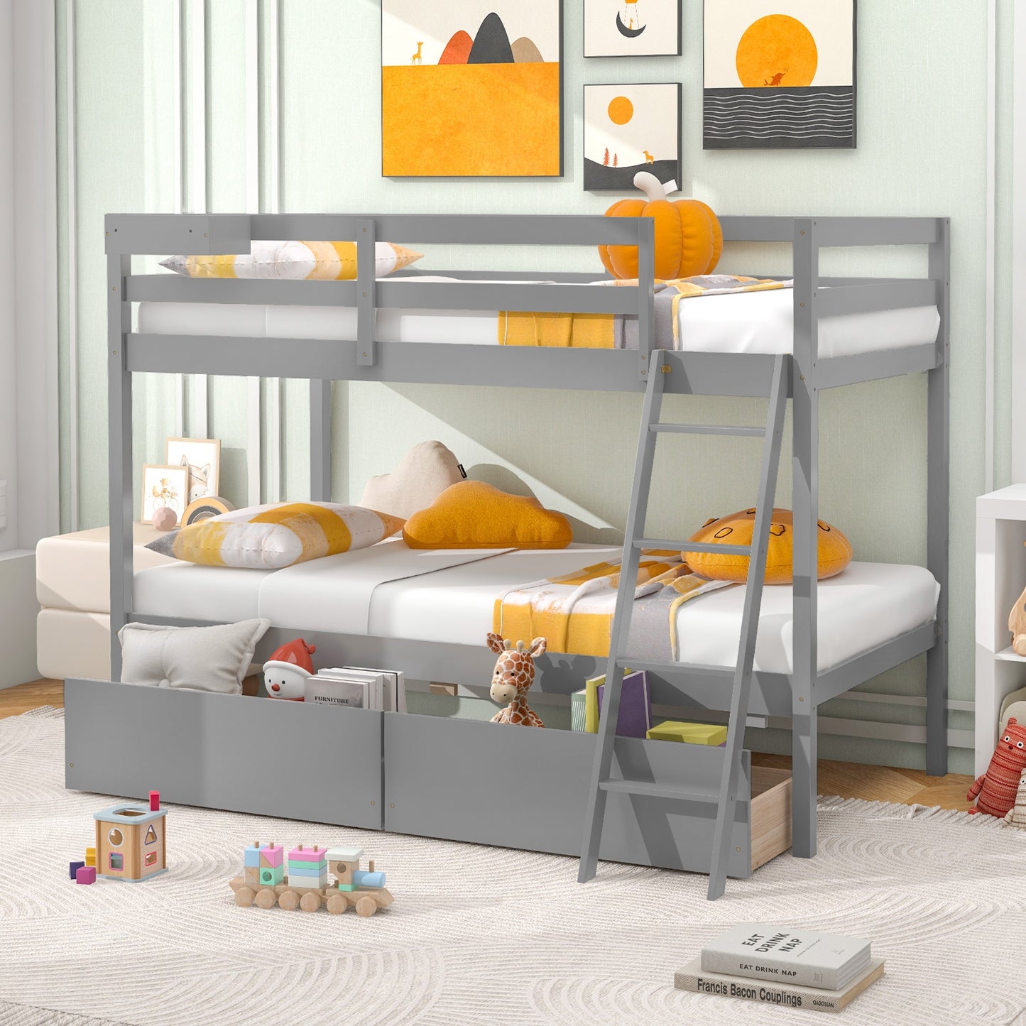Twin Over Twin Bunk Bed, Wood Frame, 2 Storage Drawers, Ladder, Gray Bunk Bed Frame at Gallery Canada