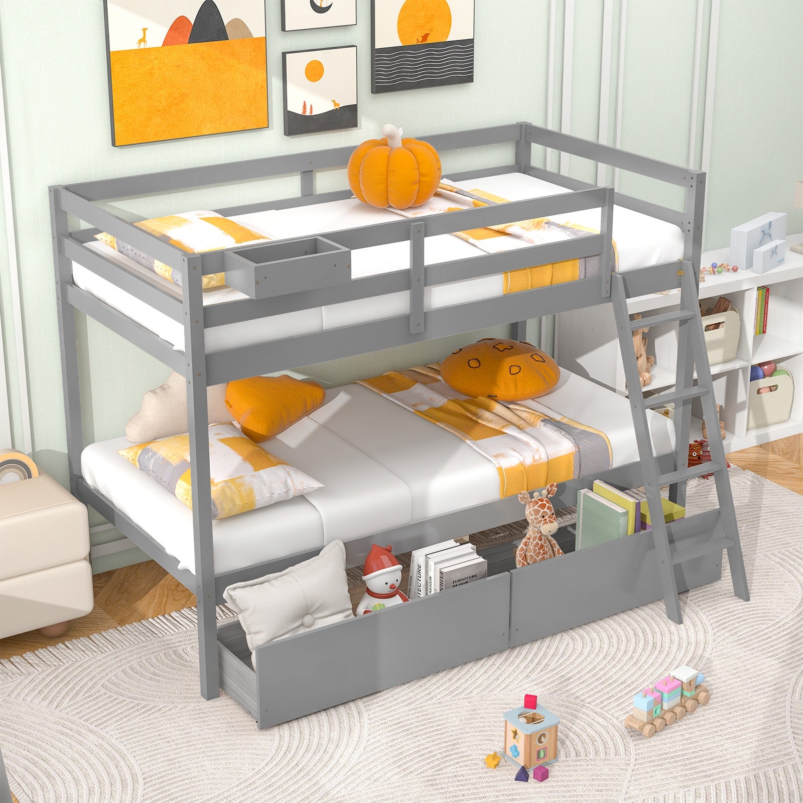 Twin Over Twin Bunk Bed, Wood Frame, 2 Storage Drawers, Ladder, Gray Bunk Bed Frame at Gallery Canada