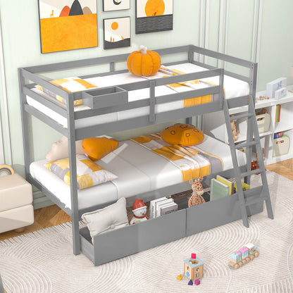 Twin Over Twin Bunk Bed, Wood Frame, 2 Storage Drawers, Ladder, Gray Bunk Bed Frame at Gallery Canada