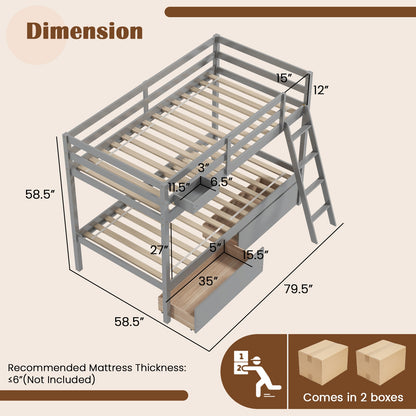 Twin Over Twin Bunk Bed, Wood Frame, 2 Storage Drawers, Ladder, Gray Bunk Bed Frame at Gallery Canada