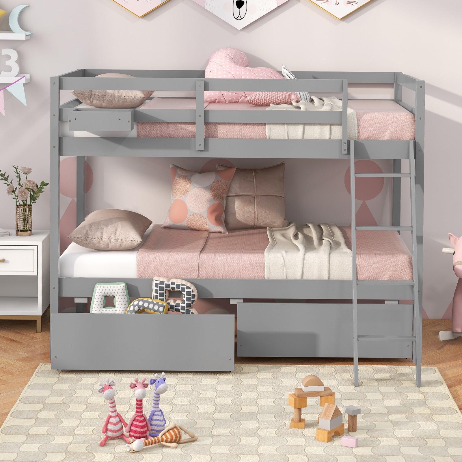 Twin Over Twin Bunk Bed, Wood Frame, 2 Storage Drawers, Ladder, Gray Bunk Bed Frame at Gallery Canada