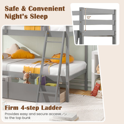 Twin Over Twin Bunk Bed, Wood Frame, 2 Storage Drawers, Ladder, Gray Bunk Bed Frame at Gallery Canada