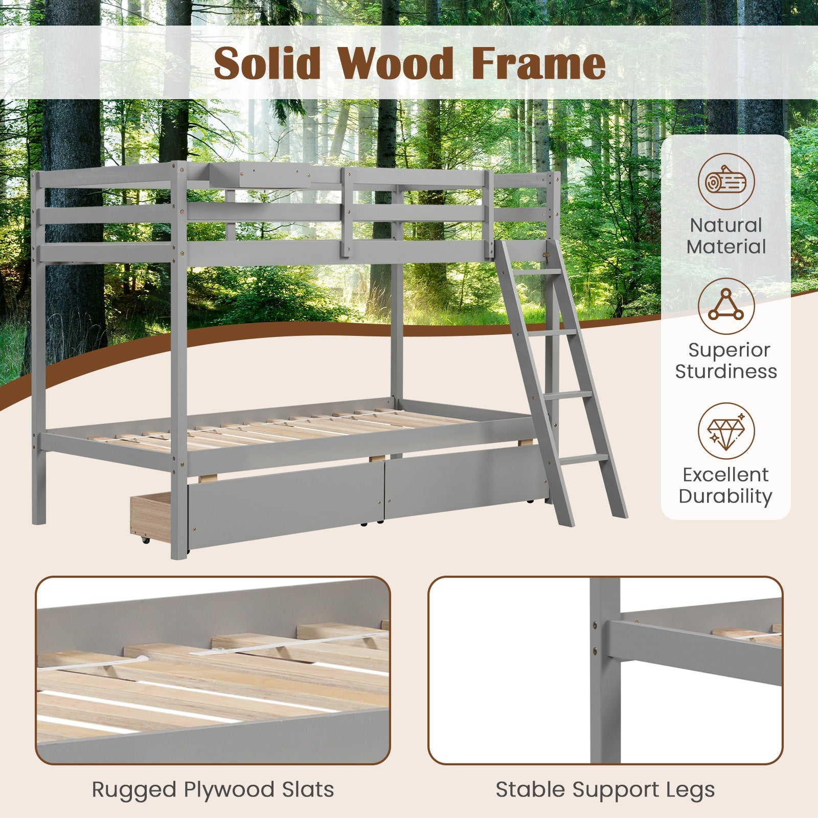 Twin Over Twin Bunk Bed, Wood Frame, 2 Storage Drawers, Ladder, Gray Bunk Bed Frame at Gallery Canada