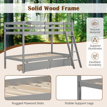 Twin Over Twin Bunk Bed, Wood Frame, 2 Storage Drawers, Ladder, Gray Bunk Bed Frame at Gallery Canada