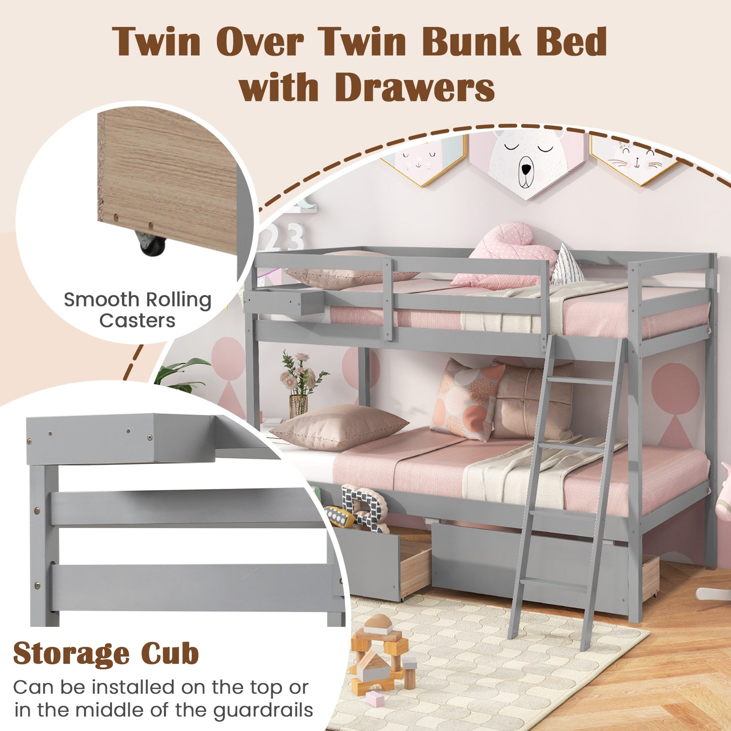 Twin Over Twin Bunk Bed, Wood Frame, 2 Storage Drawers, Ladder, Gray Bunk Bed Frame at Gallery Canada