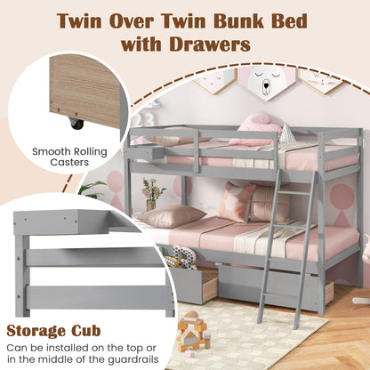 Twin Over Twin Bunk Bed, Wood Frame, 2 Storage Drawers, Ladder, Gray Bunk Bed Frame at Gallery Canada