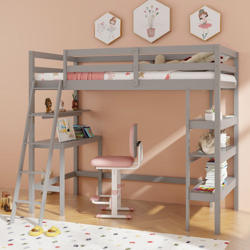 Twin Size Loft Bed With Desk, Bookshelves, Gray