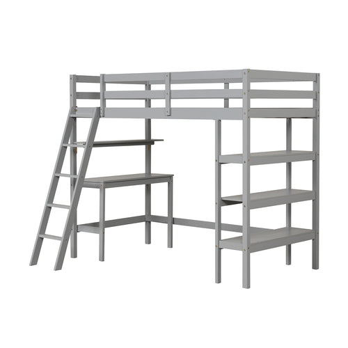 Twin Size Loft Bed With Desk, Bookshelves, Gray
