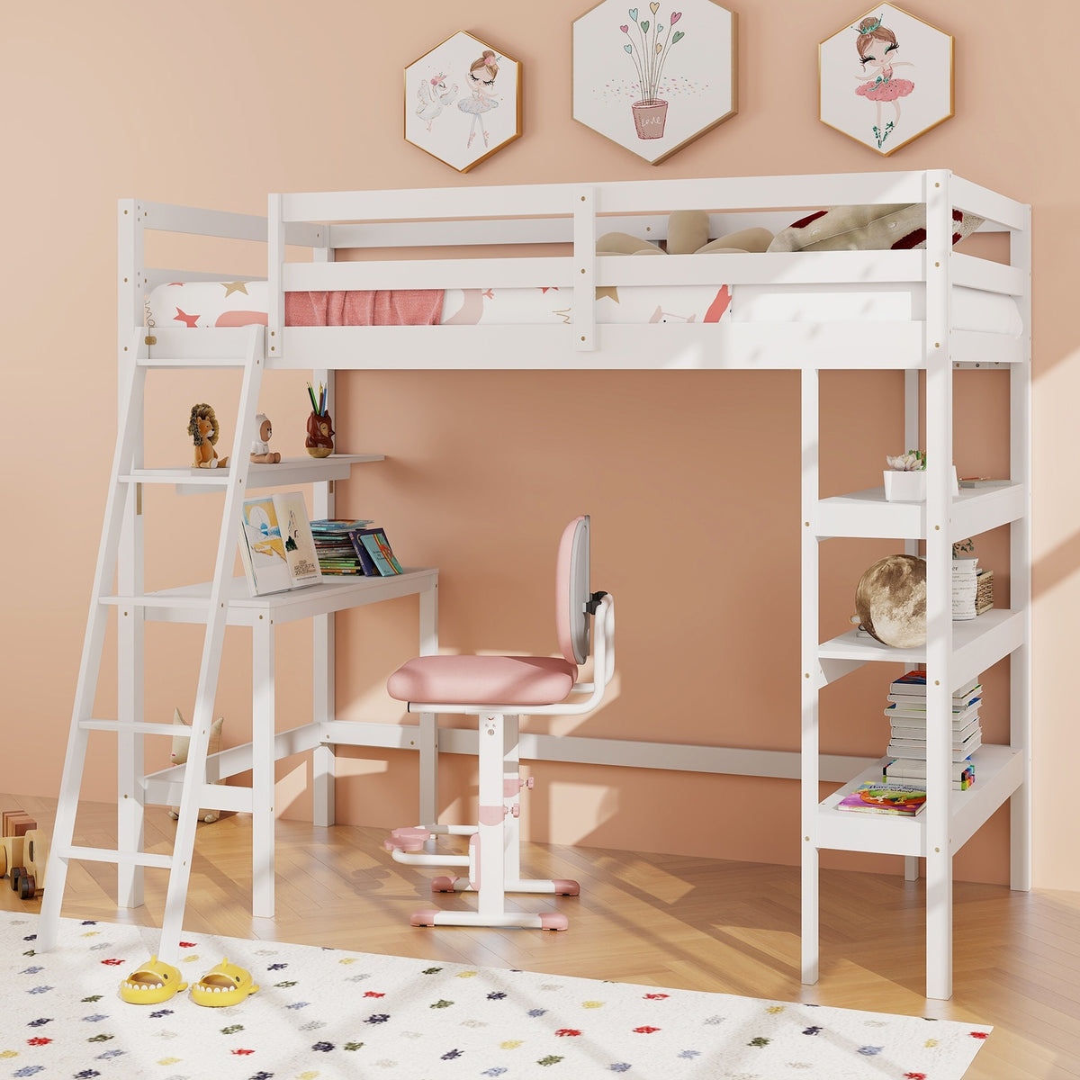 Twin Size Loft Bed With Desk, Bookshelves, White Bunk Bed Frame at Gallery Canada