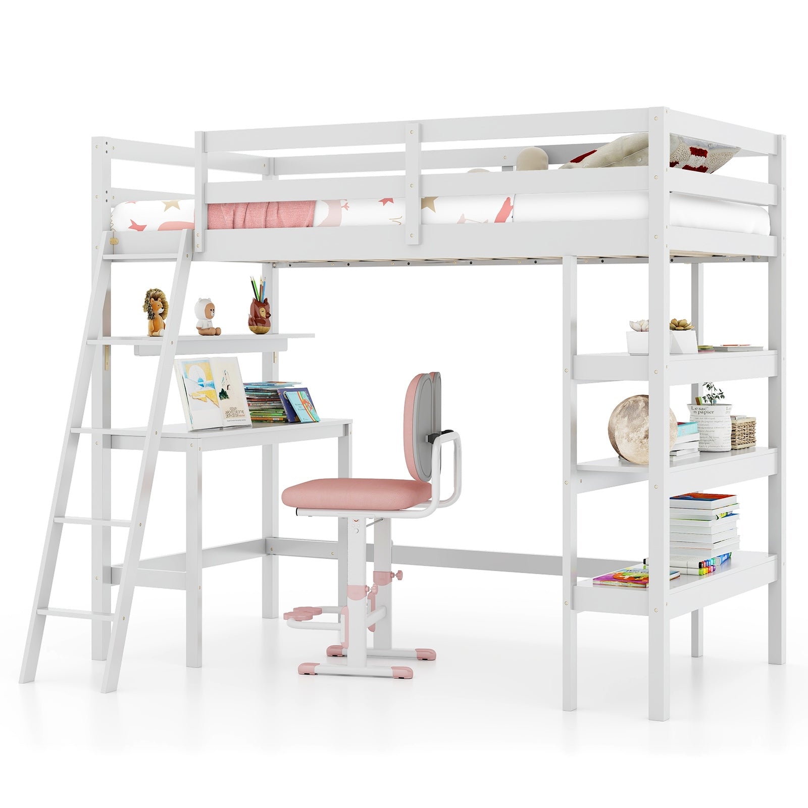 Twin Size Loft Bed With Desk, Bookshelves, White Bunk Bed Frame at Gallery Canada