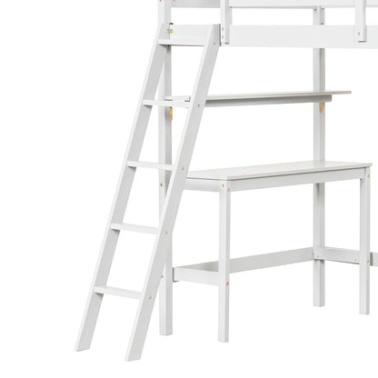 Twin Size Loft Bed With Desk, Bookshelves, White Bunk Bed Frame at Gallery Canada