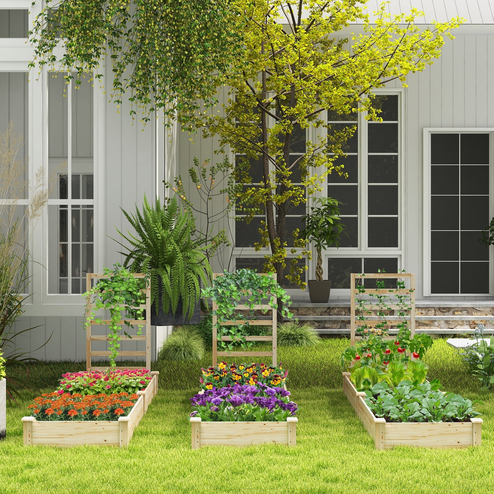 Raised Garden Bed with Planter Box and Trellis, Natural Raised Garden Beds at Gallery Canada
