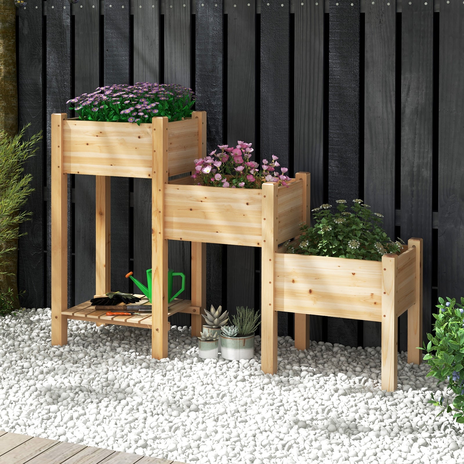 3-Tier Wooden Raised Garden Bed, Open Storage Shelf, Natural Raised Garden Beds at Gallery Canada