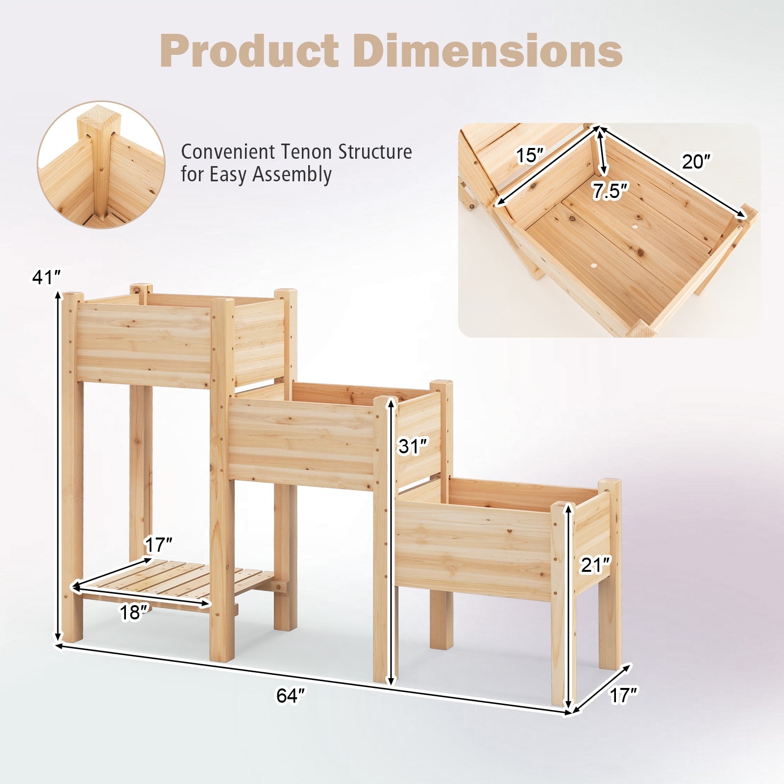 3-Tier Wooden Raised Garden Bed, Open Storage Shelf, Natural Raised Garden Beds at Gallery Canada