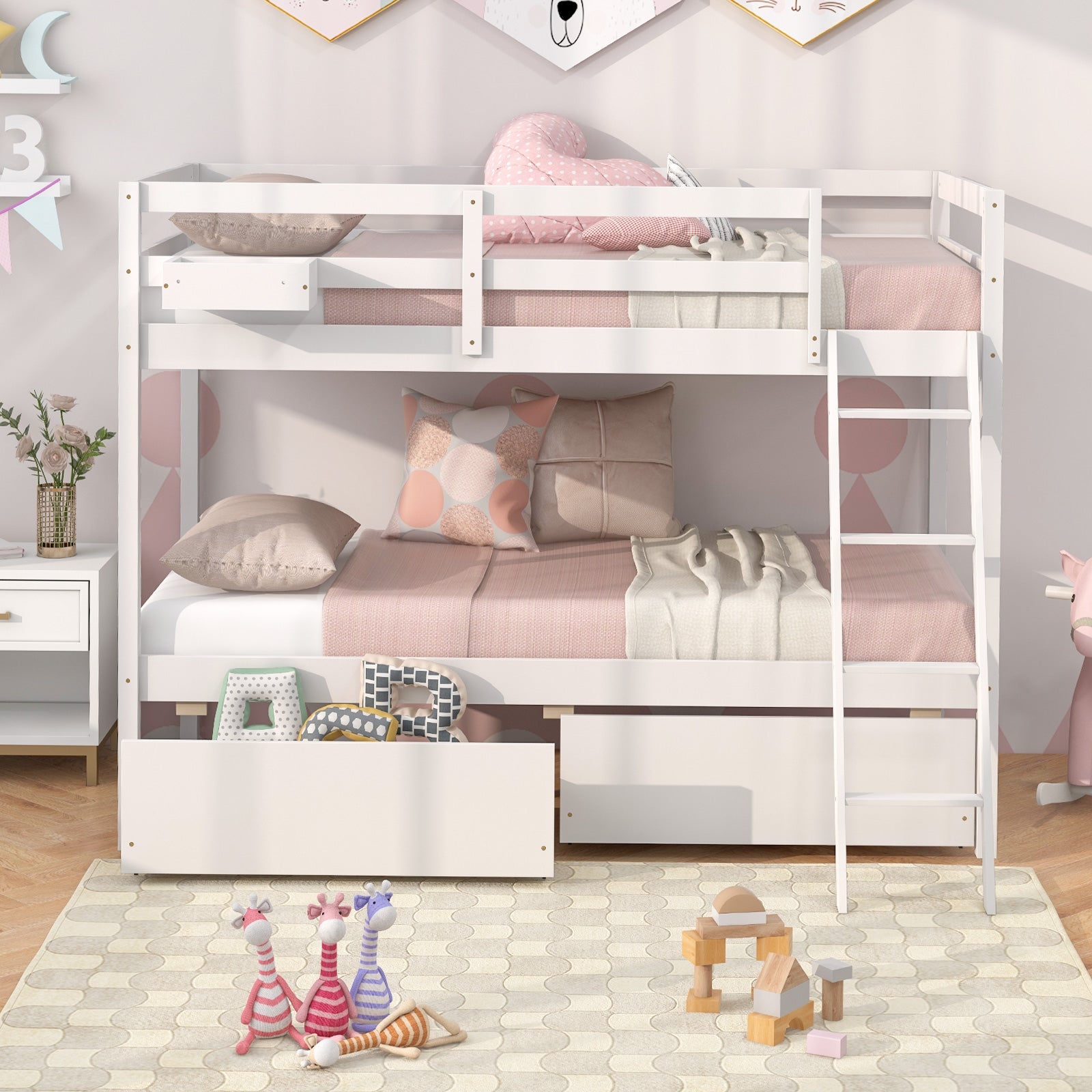 Twin Over Twin Bunk Bed, Wood Frame, 2 Storage Drawers, Ladder, White Bunk Bed Frame at Gallery Canada