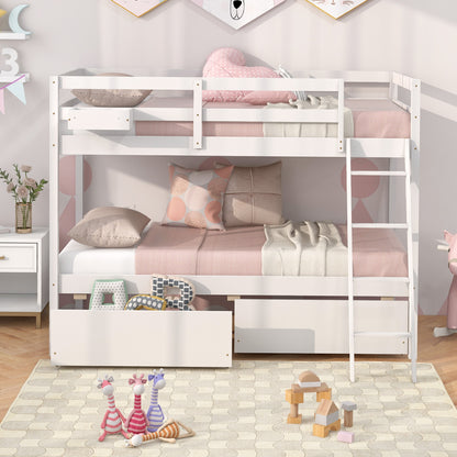 Twin Over Twin Bunk Bed, Wood Frame, 2 Storage Drawers, Ladder, White Bunk Bed Frame at Gallery Canada