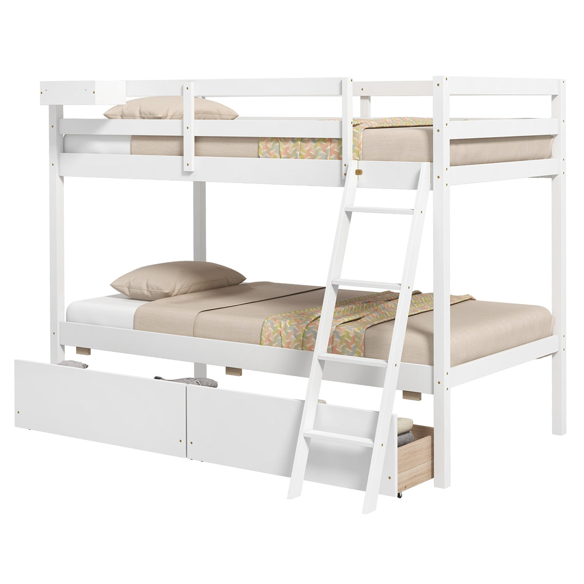 Twin Over Twin Bunk Bed, Wood Frame, 2 Storage Drawers, Ladder, White Bunk Bed Frame at Gallery Canada