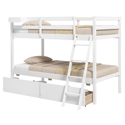 Twin Over Twin Bunk Bed, Wood Frame, 2 Storage Drawers, Ladder, White Bunk Bed Frame at Gallery Canada