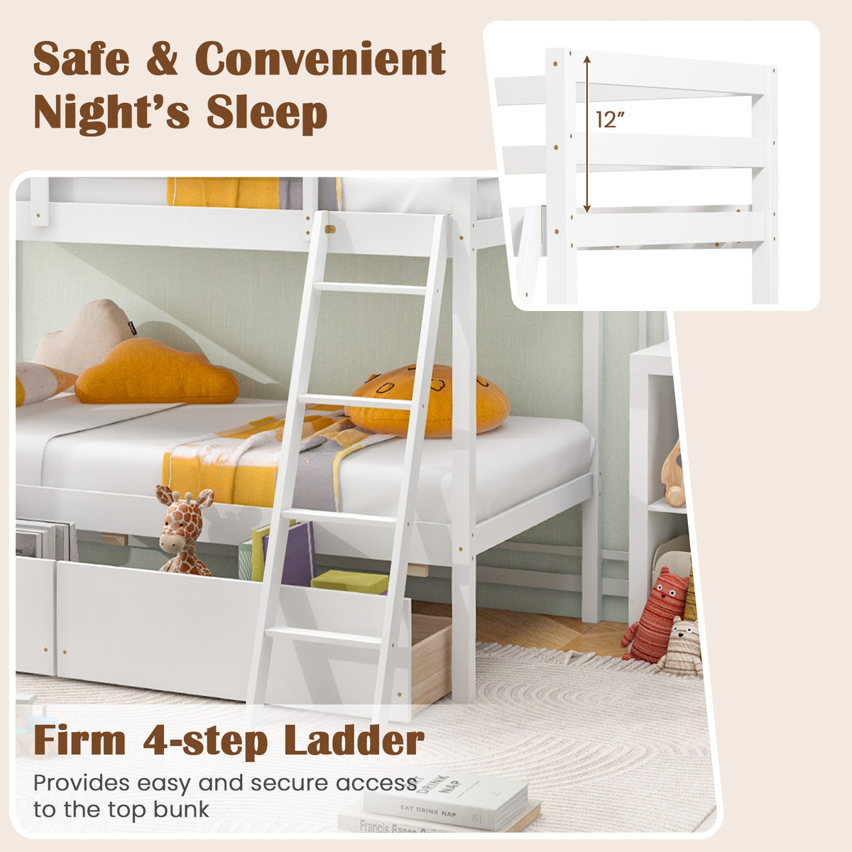 Twin Over Twin Bunk Bed, Wood Frame, 2 Storage Drawers, Ladder, White Bunk Bed Frame at Gallery Canada