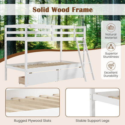 Twin Over Twin Bunk Bed, Wood Frame, 2 Storage Drawers, Ladder, White Bunk Bed Frame at Gallery Canada