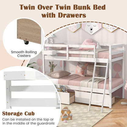 Twin Over Twin Bunk Bed, Wood Frame, 2 Storage Drawers, Ladder, White Bunk Bed Frame at Gallery Canada