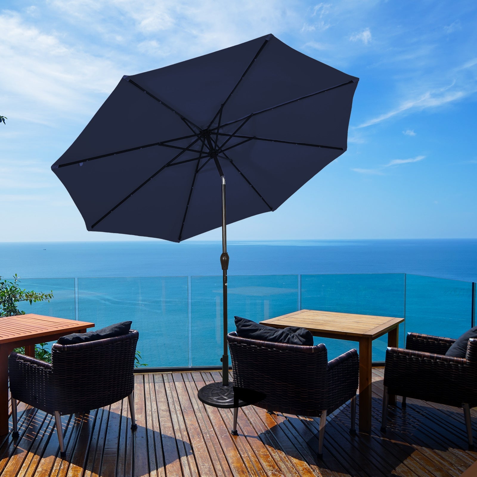 9 Feet Solar LED Patio Umbrella, Tilt Crank Lift, Dark Blue Outdoor Umbrellas at Gallery Canada
