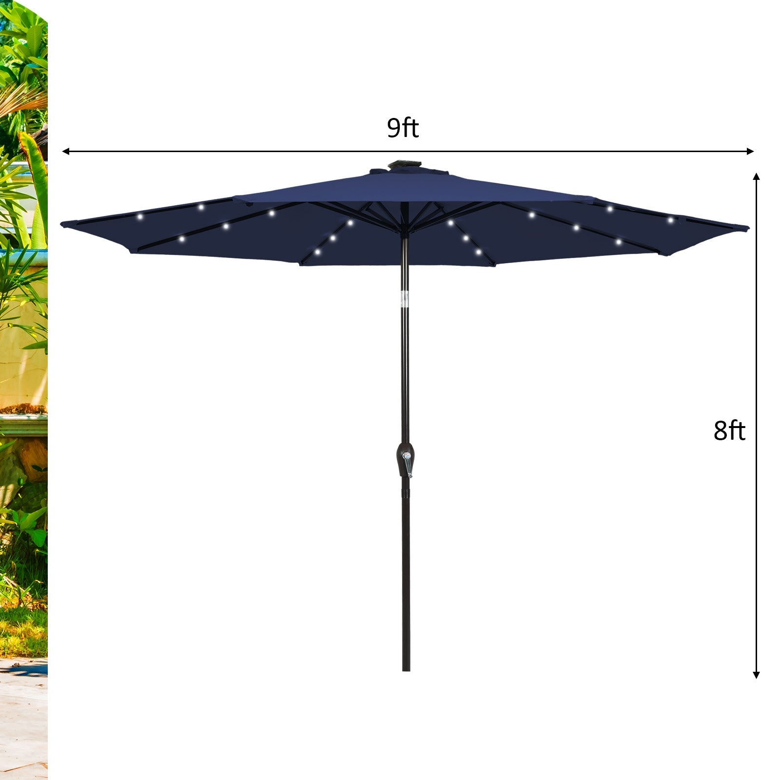 9 Feet Solar LED Patio Umbrella, Tilt Crank Lift, Dark Blue Outdoor Umbrellas at Gallery Canada