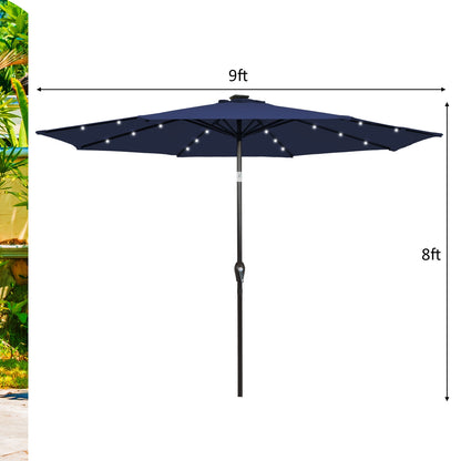 9 Feet Solar LED Patio Umbrella, Tilt Crank Lift, Dark Blue Outdoor Umbrellas at Gallery Canada