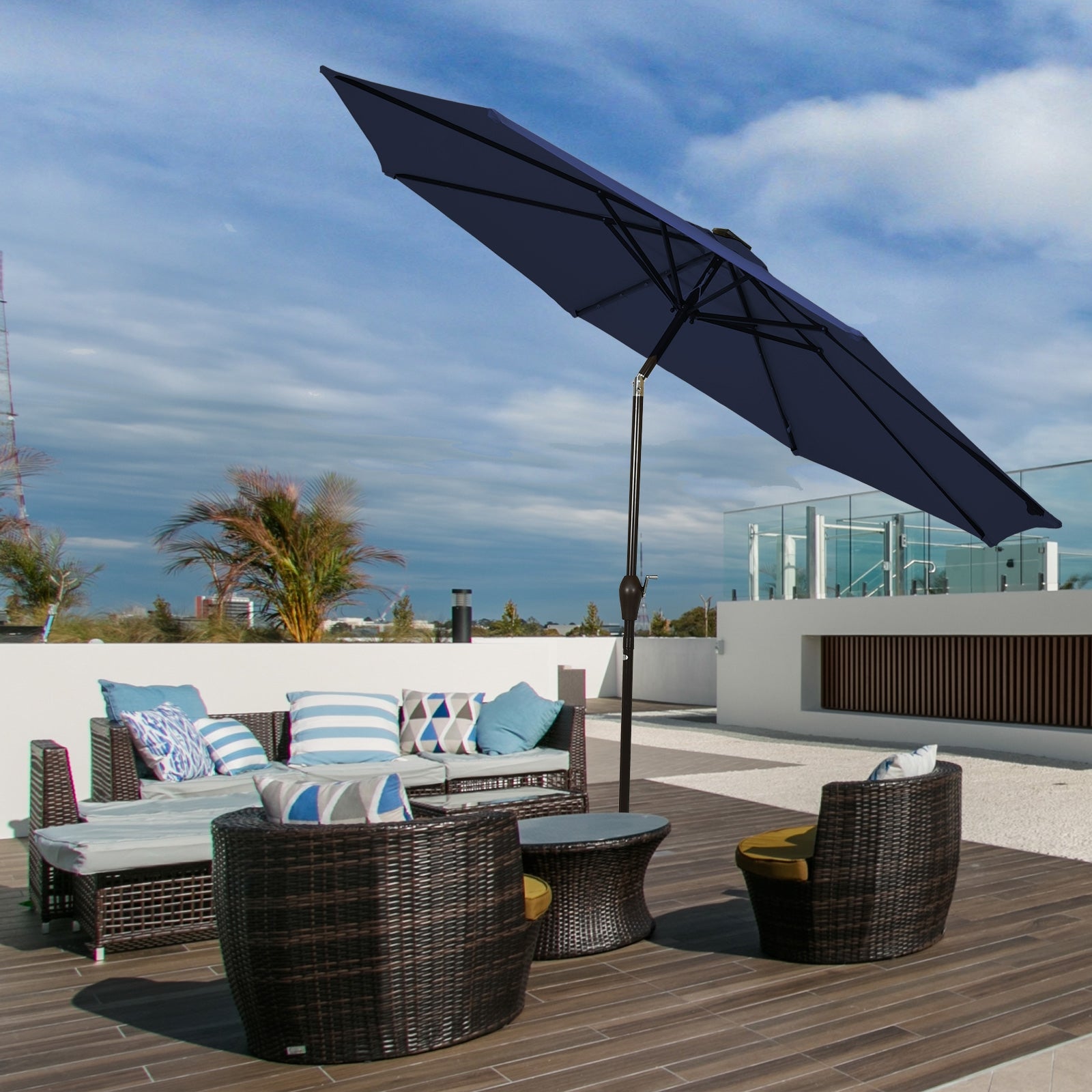 9 Feet Solar LED Patio Umbrella, Tilt Crank Lift, Dark Blue Outdoor Umbrellas at Gallery Canada