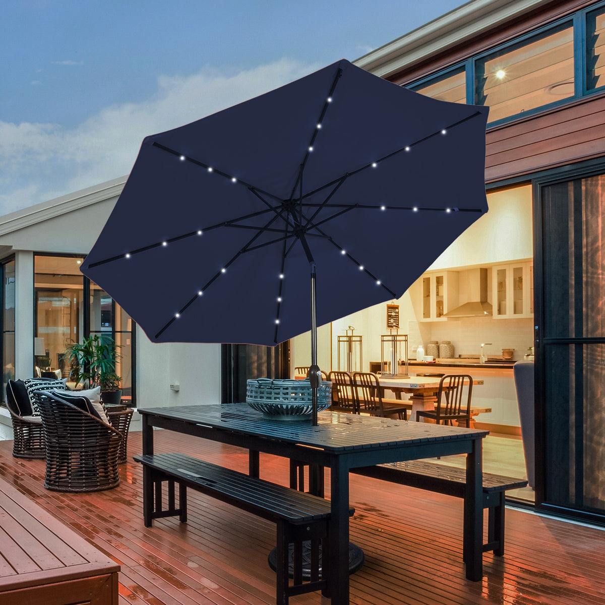 9 Feet Solar LED Patio Umbrella, Tilt Crank Lift, Dark Blue Outdoor Umbrellas at Gallery Canada