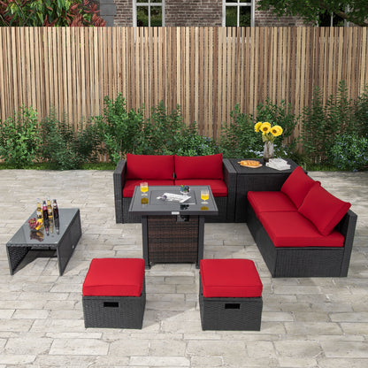 9 Piece Patio Set, 32” Fire Pit Table, 50000 BTU Propane Fire Pit, Red Outdoor Seating & Patio Chairs at Gallery Canada